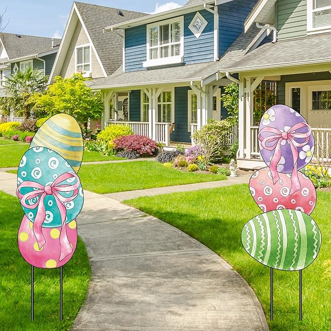 AnyDesign Easter Garden Stakes Welcome Metal Yard Sign Easter Decorations Outdoor Stacked Egg with Bow Decorative Lawn Sign for Spring Farmhouse Home Outside Lawn Porch Walkway Decor, 2 Sets