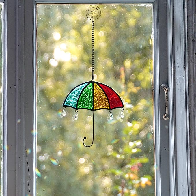 BOXCASA Umbrella Decor Suncatchers for Windows,Stained Glass Suncatchers Crystals Rainbow Umbrella,Stained Glass Window Crystal Beads Decor for Home,Living Room Bedroom Kitchen