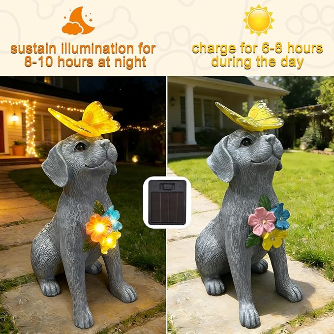 Dog Garden Statue Solar Butterfly, Dogs Figurines with Lantern Outdoor Patio Yard Decor Ideal Birthday Housewarming Gifts ,Dad Mom Grandma Dog Lovers, Beautifully Crafted Decorations to Wow Guests