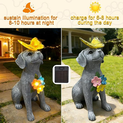 Dog Garden Statue Solar Butterfly, Dogs Figurines with Lantern Outdoor Patio Yard Decor Ideal Birthday Housewarming Gifts ,Dad Mom Grandma Dog Lovers, Beautifully Crafted Decorations to Wow Guests