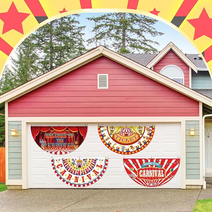 6 Pcs Circus Carnival Decoration Bunting Welcome Carnival Half Banner Red and White Striped Pattern Bunting Flag for Circus Garden Decor, 1.5 x 3 ft
