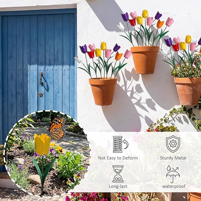 Yookeer Set of 6 Spring Metal Tulips Yard Signs with Stakes Metal Waterproof Spring Decor Garden Stakes for Garden Outdoor Lawn Yard Party Decoration