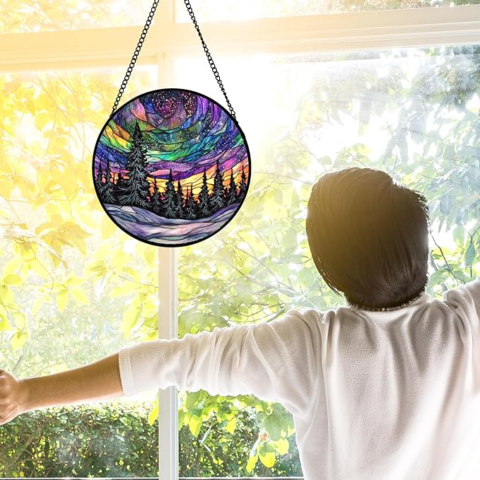 DASTOLL Stained Glass Window Hanging, Van Gogh Night Scene Sun Catchers Colorful Glass Panel Starry Sky Suncatcher Decor for Birthday for Women, Men, Wife, Aunt, and Mom 6.3 in