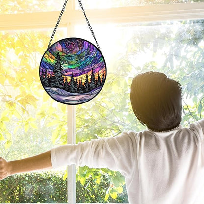 DASTOLL Stained Glass Window Hanging, Van Gogh Night Scene Sun Catchers Colorful Glass Panel Starry Sky Suncatcher Decor for Birthday for Women, Men, Wife, Aunt, and Mom 6.3 in