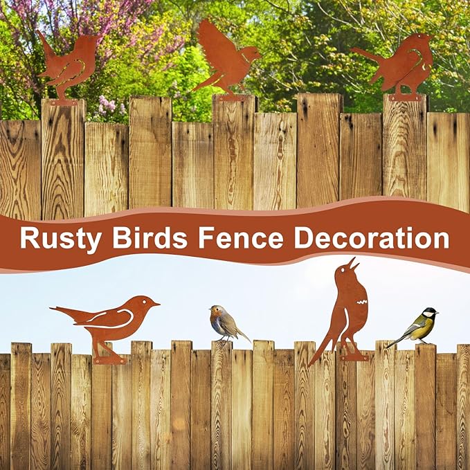 5PCS Metal Birds Fence Decoration, Outdoor Rusty Birds Garden Sculptures and Yard Art, Craft Statue Ornaments Rustic Farmhouse Garden Decor (Style 1)