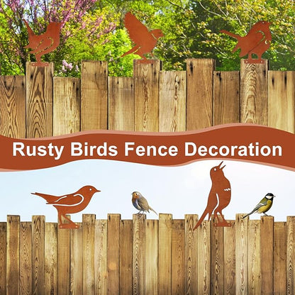 5PCS Metal Birds Fence Decoration, Outdoor Rusty Birds Garden Sculptures and Yard Art, Craft Statue Ornaments Rustic Farmhouse Garden Decor (Style 1)