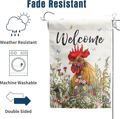 Floral Chicken Garden Flag Spring Summer House Flags 28x40 Double Sided Farmhouse Rooster Yard Flags for Outside Large Outdoor Welcome Flags Farm Chicken Coop Decor