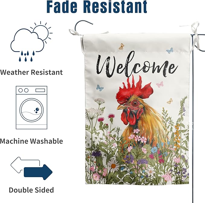Spring Summer Garden Flag Farmhouse Chicken Garden Flags for Outside Floral Rooster Yard Flag 12x18 Double Sided Small Outdoor Welcome Flags Farm Chicken Coop Decor
