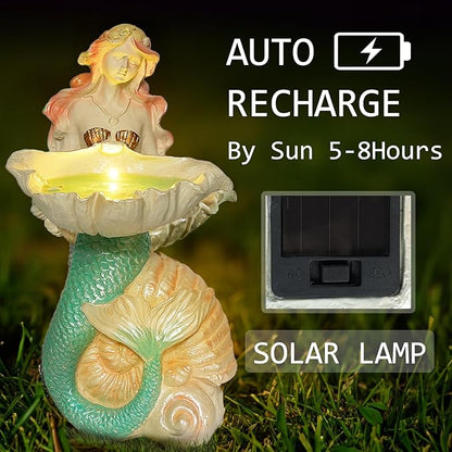 Teaeeno Solar Mermaids Birdbath Garden Decor: Outdoor Statues Ornaments for Outside Decorations Yard Art Lawn Porch Patio Balcony - Birthday Gifts for Mom Grandma Women Lover