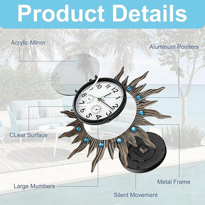 Garden Outdoor Clocks with Thermometer and Hygrometer Combo, Silent No-Ticking Outdoor Wall Clocks, Waterproof Outdoor Clocks Vintage Copper Sun, 18.5 Inch