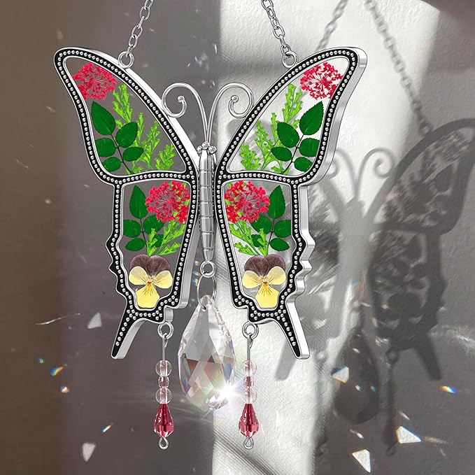 KY&BOSAM Butterfly Suncatcher Crystal Stained Glass for Windows Hangings Wind Chaim with Pressed Flower and Metal Heart Charm Mother`s Day Gifts for Mom from Daughter Son Christmas Birthday Décor