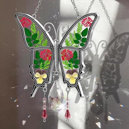 KY&BOSAM Butterfly Suncatcher Crystal Stained Glass for Windows Hangings Wind Chaim with Pressed Flower and Metal Heart Charm Mother`s Day Gifts for Mom from Daughter Son Christmas Birthday Décor