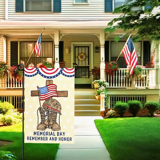 Memorial Day Garden Flag Veteran Burlap Double-sided Yard Flag Patriotic Boots Remember And Honor Brave Garden Flags Independence Day American House Banner Outdoor Decorations 12x18 Inch