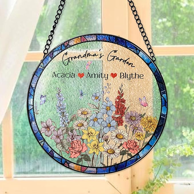NAZENTI Custom Family Birth Flowers Glass Suncatcher, Personalized Stained Glass Window Hanging Suncatcher with Kids Name, Gifts for Mother's Day, Personalized Grandma Flower Garden