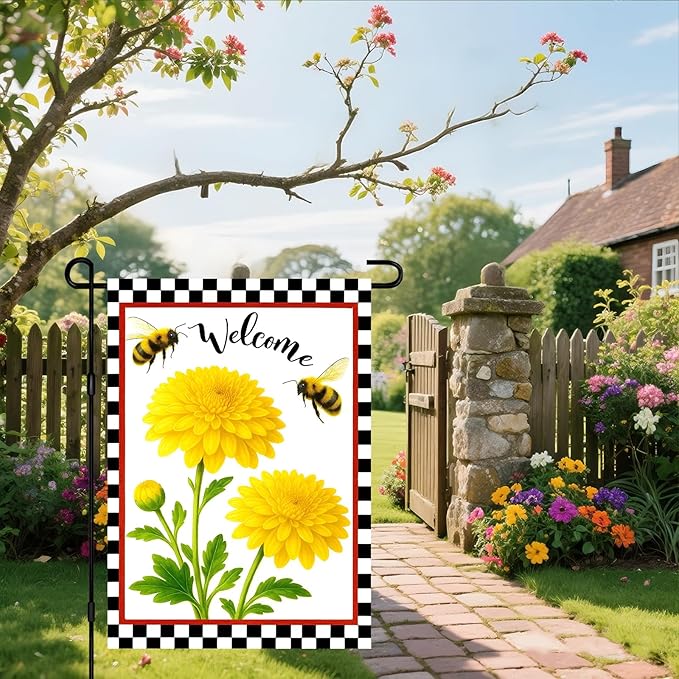 IVN Welcome Garden Flag 12x18 Inch Double Sided Spring Summer Garden Yard Flags Yellow Chrysanthemum Flowers Bees Decorative Small Flags for Outdoor Seasonal Front Door Lawn Porch Patio Decor Yard Flag