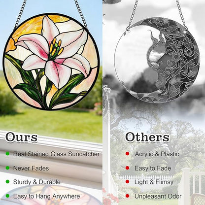 Sun Catcher Window Hanging Stained Glass, 4 pcs Floral Designs of Poppy Sunflower Rose Lily, for Bedroom Garden Kitchen Decor, Gifts for Mom, 6.3 Inch