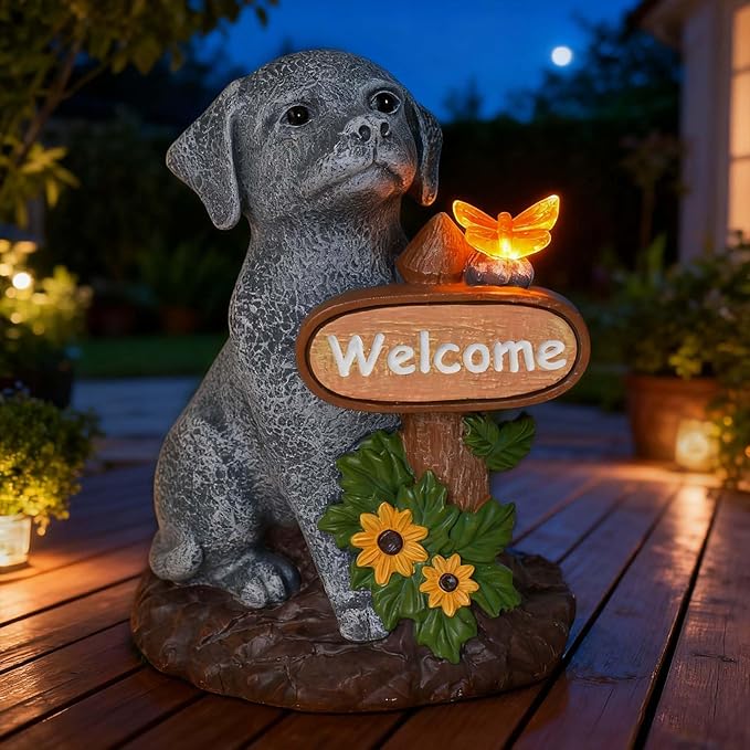 Dog Statue with Solar Butterfly Light, Decor Outdoor Yard Decoration, Statue for Home Garden Patio Balcony Lawn Ornaments, Birthday Dog Lovers Gifts for Women, Mom, Grandma