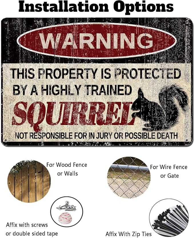 Vintage Squirrel Metal Sign Warning This Property is Protected by Highly Trained Squirrel Yard Sign Outdoor Home Wall Decor 12x8Inch