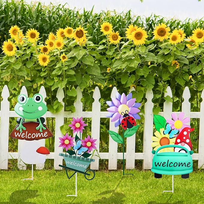 WONDER GARDEN Welcome Decorative Garden Stakes, 4Pcs Flower Metal Yard Signs Lawn Stake with Frog, Mushroom, Gnome, Butterfly and Ladybug for Outdoor Decorations