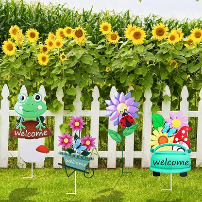 WONDER GARDEN Welcome Decorative Garden Stakes, 4Pcs Flower Metal Yard Signs Lawn Stake with Frog, Mushroom, Gnome, Butterfly and Ladybug for Outdoor Decorations