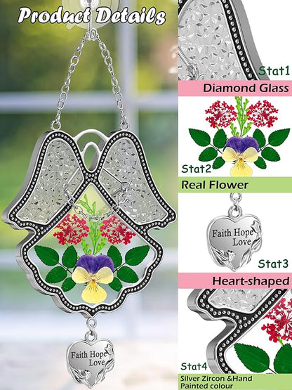 KY&BOSAM Angel Suncatcher Faith Hope Love Stained Glass Panels Suncatchers for Windows Hangings Wind Chime with Pressed Flower Glass and Metal Heart Charm Birthday Gifts for Mom Mothers Day Christmas