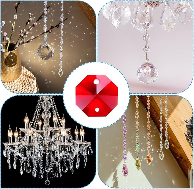 PATIKIL K9 Crystal Octagon Beads 2 Holes Pendants, 60 Pack 14mm Chandelier Prisms Parts Ornaments Hanging Beads for DIY Arts Crafts Decoration, Red