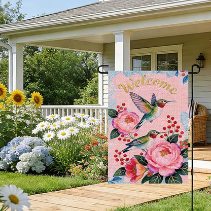IVN Hummingbird Garden Flag 12x18 Inch – Welcome Floral Outdoor Flag, Double Sided Burlap Spring Summer Yard Flag for Porch Lawn Patio Decor