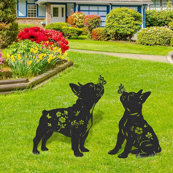 French Bulldog Garden Decor - 2 Pcs Metal Animal Statue Gifts Set for Dog Lover Black Yard Stakes Decorations with Butterfly Flower Silhouette Outdoor Sign Patio Lawn Pathway Art Ornaments