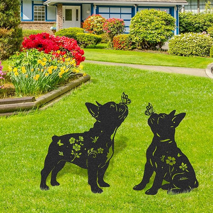 French Bulldog Garden Decor - 2 Pcs Metal Animal Statue Gifts Set for Dog Lover Black Yard Stakes Decorations with Butterfly Flower Silhouette Outdoor Sign Patio Lawn Pathway Art Ornaments