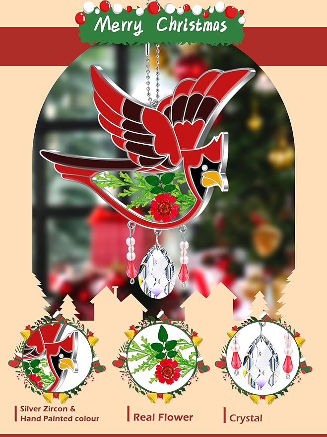 KY&BOSAM Crystal Cardinal SuncatcherStained Glass Hand Painted Color Sun Catcher for Windows Hangings Ornament with Pressed Flower and Heart Charm Gifts for Mom Mothers Day Birthday Christmas Decor