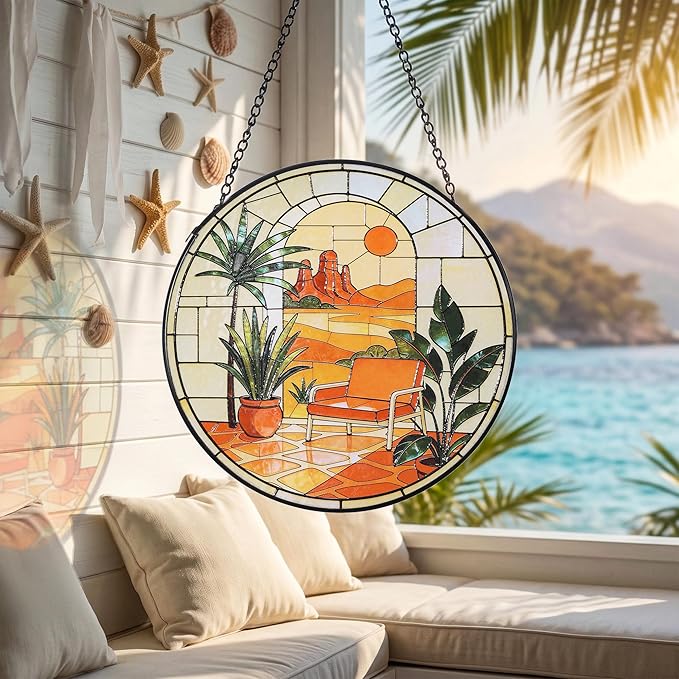 Hanging Stained Glass for Windows,20cm/7.87inch Desert Sunset Stained Glass Suncatcher with Chain Garden Diamond Glass Panel Hangings Decoration for Home Decor Gifts for Family Friends Colleagues