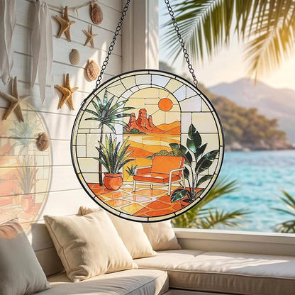 Hanging Stained Glass for Windows,20cm/7.87inch Desert Sunset Stained Glass Suncatcher with Chain Garden Diamond Glass Panel Hangings Decoration for Home Decor Gifts for Family Friends Colleagues