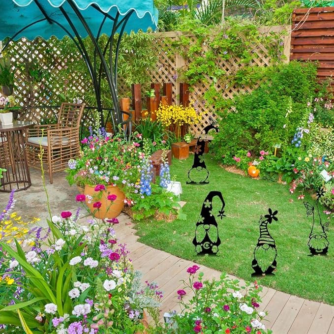 Garden Gnome Statue Handmade Metal Yard Art Decor Weather Black Iron Gnome Sculpture for Outdoor Garden Lawn Patio Ornament Elegant Rustic Dwarf Figure (A)