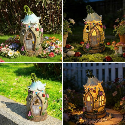 Resin Fairy Cottage Statue with Solar Light Perfect for Garden Decor, Featuring a Charming Morning Glory Vine adorning its Crown. Ideal as a Mother's Day or Birthday Gift, 12.2 inches.