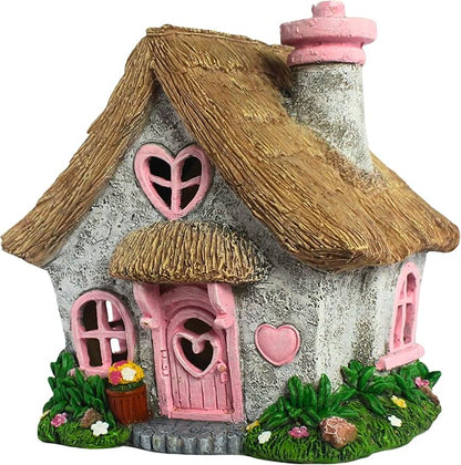 PRETMANNS Fairy House for Outside with Solar Powered LED Lights for Garden - Fairy Garden Houses for Outdoor - Miniature Accessories for Cottage Decor for Village - 7.56” High, Pink