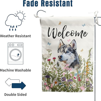 Floral Husky Terrier Garden Flag Spring Summer House Flags 28 x 40 Double Sided Flower Dog Yard Flags for Outside Large Outdoor Welcome Flags