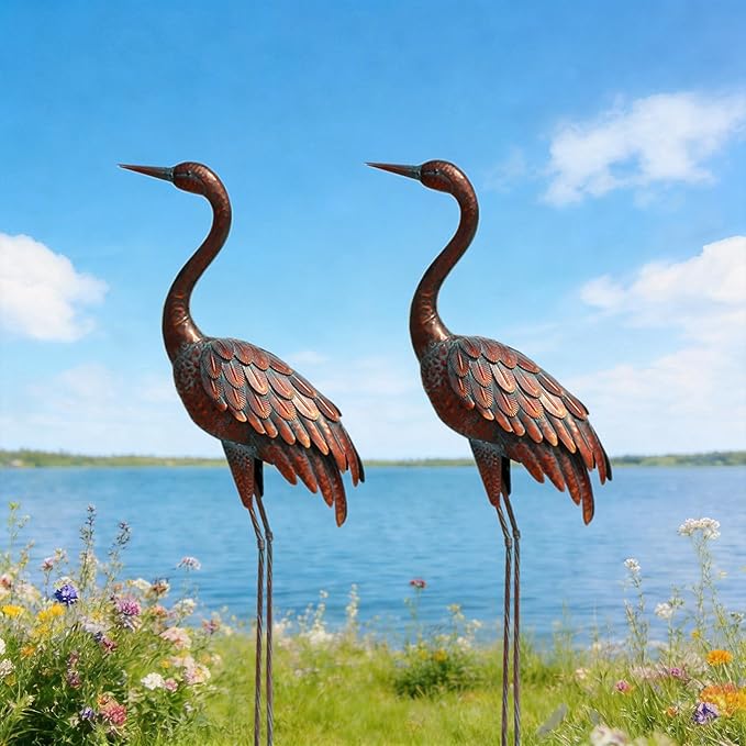 chisheen 2PCS Garden Crane Statues Outdoor Sculptures Metal Yard Art Statue for Garden Decoration Large Size Set of 2