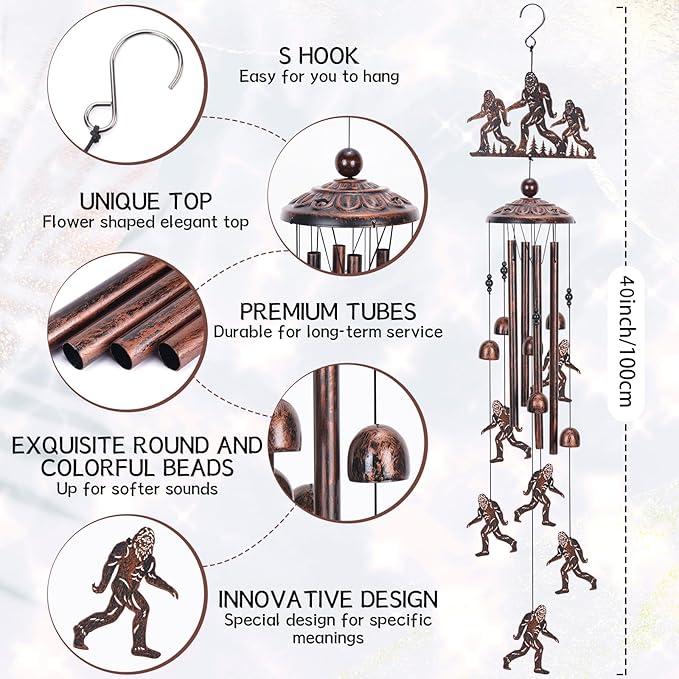 Bigfoot Wind Chimes Gift for Outdoor, Big Foot Gifts for Men Women Dad Grandpa, Memorial Gift Metal WindChimes for Outside Indoors Home Lawn Porch Patio Garden Decor Yard Decoration
