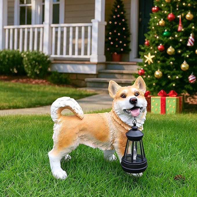 Yellow Husky Trail Light with Solar Lantern & Reversible Sign, Standing Husky Sculpture for Planter Corners, Balcony Rails & Garden Paths