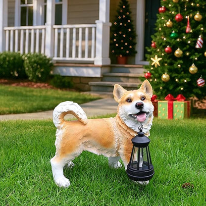 Yellow Husky Trail Light with Solar Lantern & Reversible Sign, Standing Husky Sculpture for Planter Corners, Balcony Rails & Garden Paths