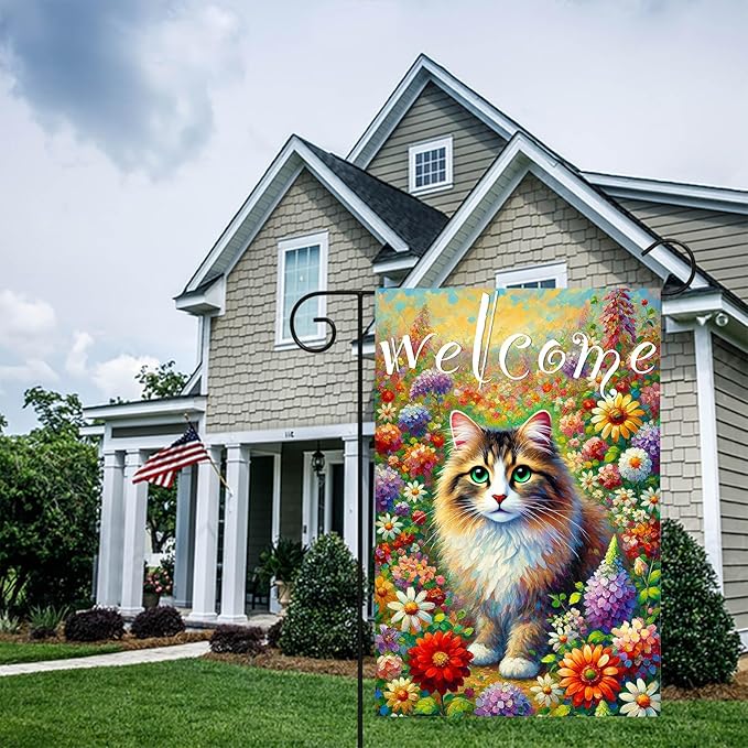 BlissYard Spring Welcome Cat Garden Flag Double Sided 12x18 Inch Tabby Cat Garden Flag Funny Floral Tulip Cats Flags Vertical Farmhouse Welcome Yard Spring Summer Seasonal Outdoor Porch Decor