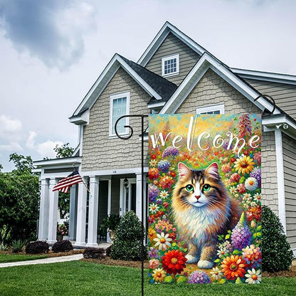 BlissYard Spring Welcome Cat Garden Flag Double Sided 12x18 Inch Tabby Cat Garden Flag Funny Floral Tulip Cats Flags Vertical Farmhouse Welcome Yard Spring Summer Seasonal Outdoor Porch Decor