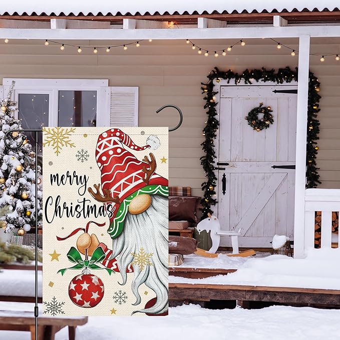 Heyfibro Merry Christmas Gnome Garden Flag 12x18 Double Sided Burlap, Christmas Ball Snowflake Garden Yard Flags for Winter Holiday Xmas Yard Outdoor Decoration(ONLY FLAG)