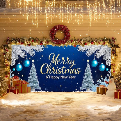 IVN Christmas Garage Door Cover Decoration 13x6ft Snowy Night Trees with Ornaments Blue Holiday Christmas Garage Door Banner Home Door Front Yard Decor for Xmas Eve Holiday Outdoor
