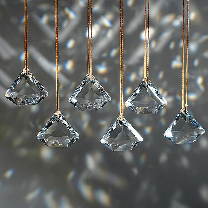 Set of 6 Crystal Glass Diamond Haingings Clear Glass Prisms Ornament Hanging Crystals Decoration for Party, Wedding, Valentines