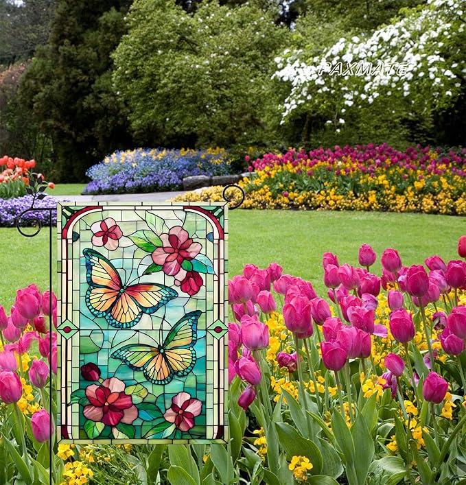 Spring Summer Butterfly Garden Flag 12x18 Inch Double Sided, Stained Glass Floral Butterfly Yard Flag, Colorful Flower Outdoor Lawn Patio Porch Farmhouse Garden Decor