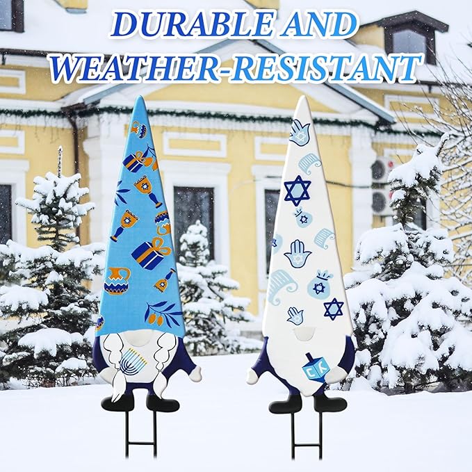 Cinnvoice 2 Pcs Hanukkah Metal Yard Gnome Stakes 27.6” Chanukah Decorative Gnomes Stakes for Outdoor Happy Hanukkah Garden Signs for Jewish Christmas Party Supplies Lawn Garden Decoration