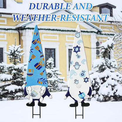 Cinnvoice 2 Pcs Hanukkah Metal Yard Gnome Stakes 27.6” Chanukah Decorative Gnomes Stakes for Outdoor Happy Hanukkah Garden Signs for Jewish Christmas Party Supplies Lawn Garden Decoration