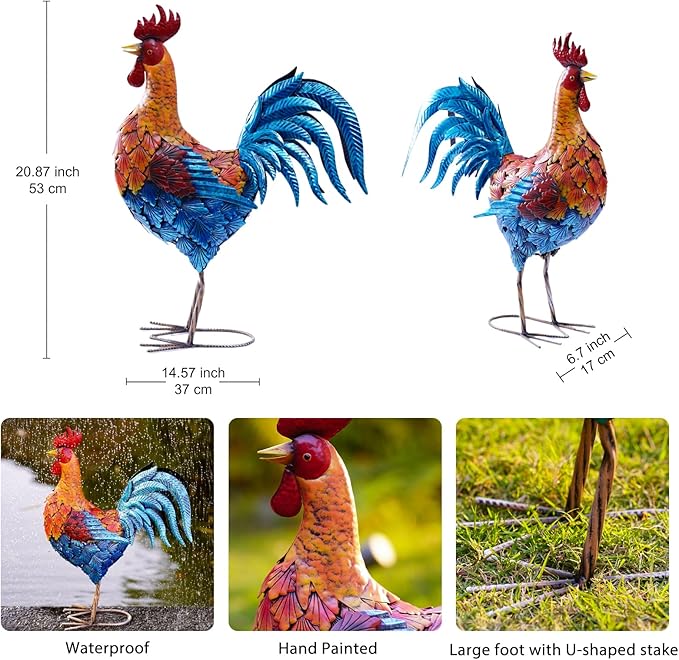 Goodeco Garden Rooster Outdoor Statue - 21 Inch Yard Decor, Perfect Gardening & Housewarming Gifts, Home and Outdoor Red Rooster Decor - Stylish Metal Design