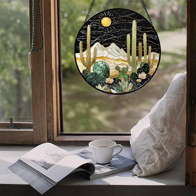 DASTOLL Stained Glass Window Hanging, Black and White Golden Cactus Nature Suncatcher for Doors Window Home Starry Sky Sun Catchers Decor Mother's Day Birthday Gifts for Women, Men Mom 11.8 in